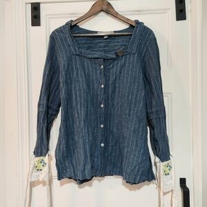 Croft Barrow Womens XL Embroidered Tie Sleeve Cuff Crinkle Cotton Boho Top Blue